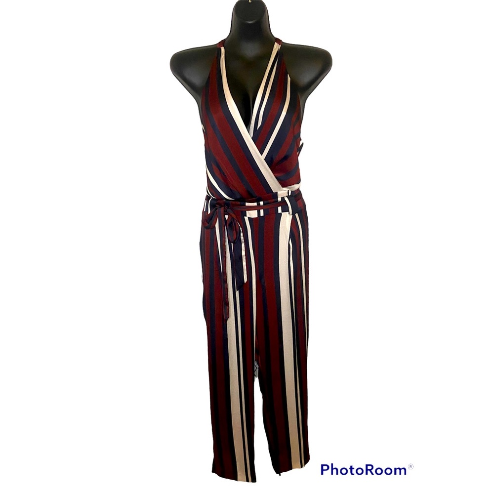 Blocked Striped Waist Tie Jumpsuit